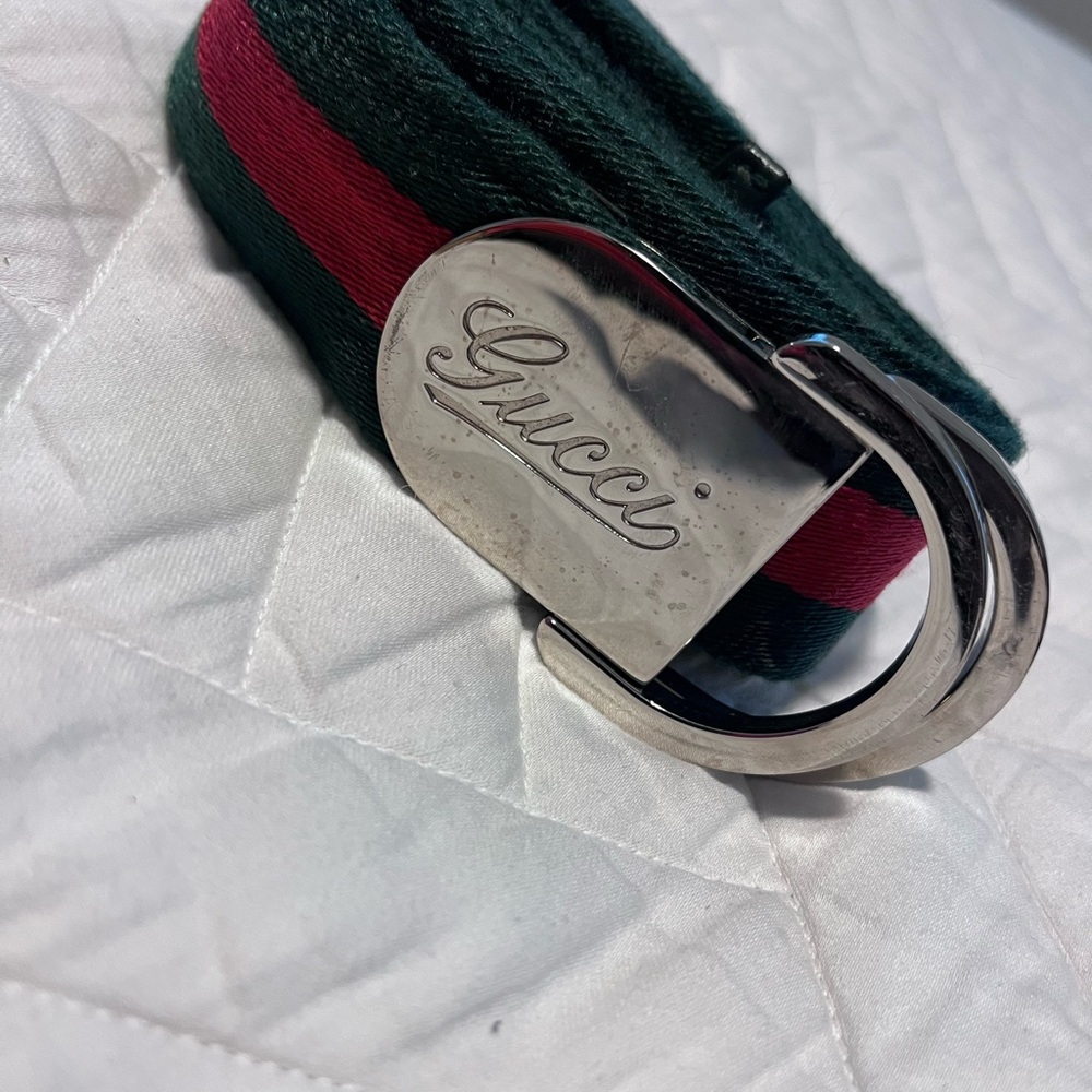 Gucci Belt with Green and Red Stripe and Silver Buckle